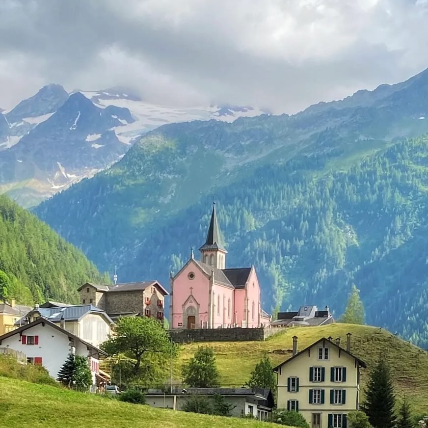 Pink church in the village of Trient