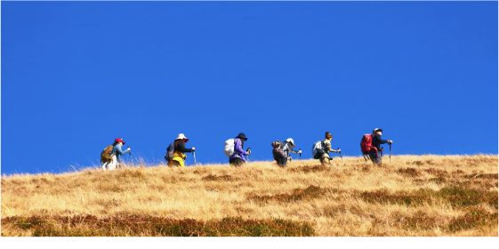Trekkers crossing high alpine meadows