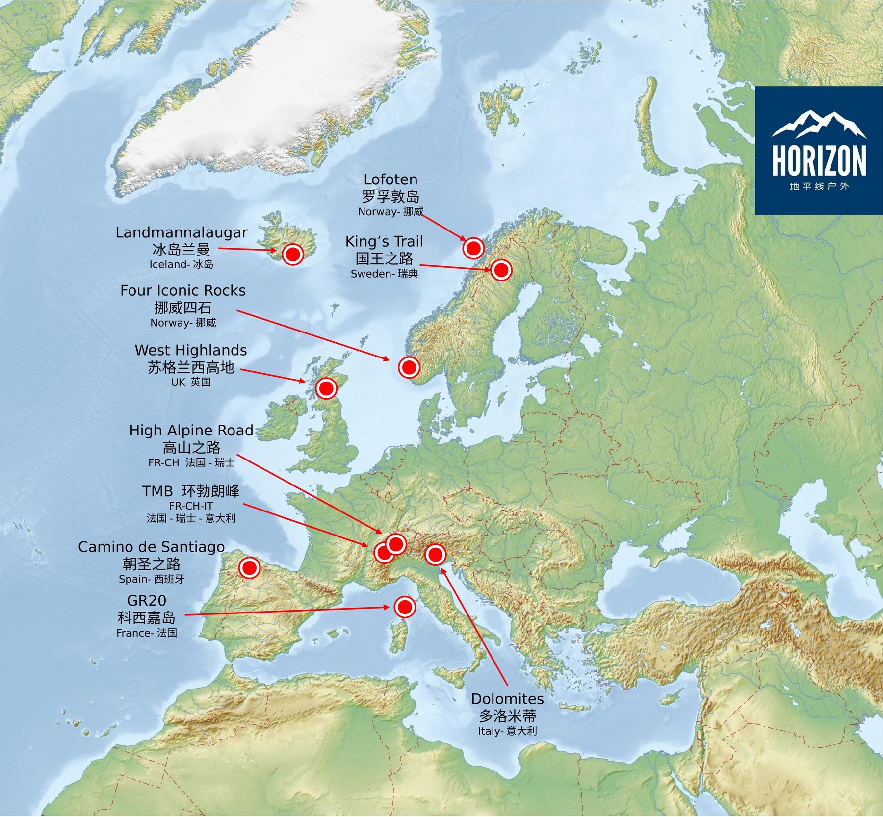 Map of Europe's Top 10 Must-Hike Trails, showing each route's approximate location and country