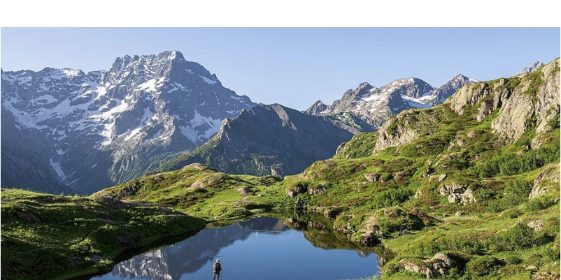 Glaciers, snow peaks and alpine lake