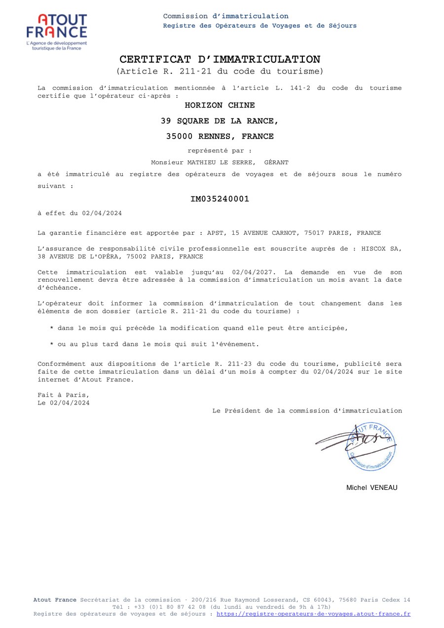 Atout France registration certificate for Horizon Trekking, registration number IM035240001